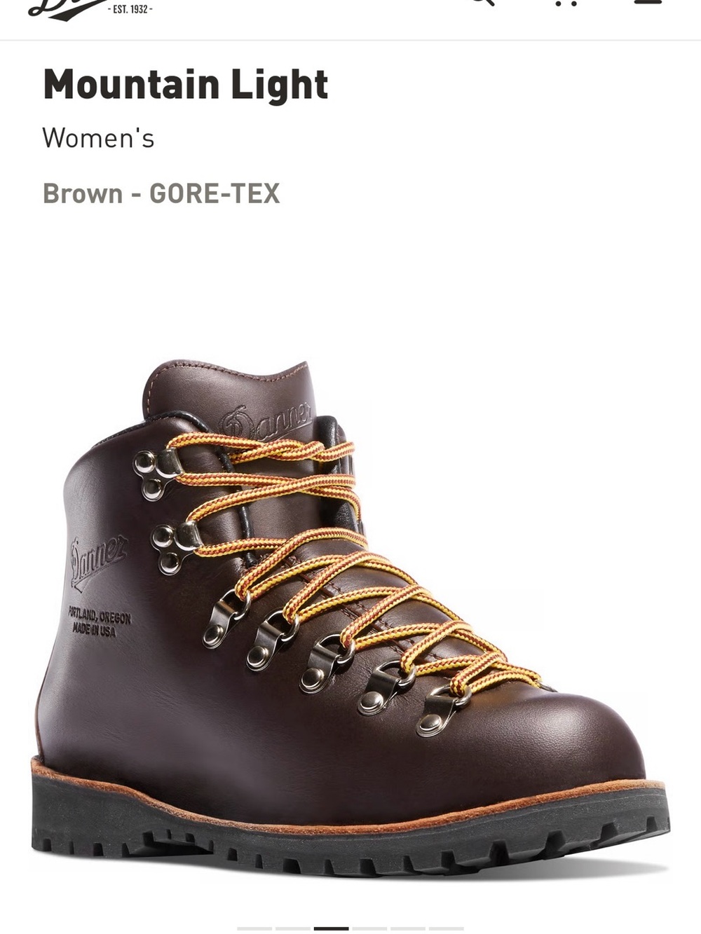 Danner Mountain Light Dark Brown Leather Hiking Boots with Yellow Accent Laces